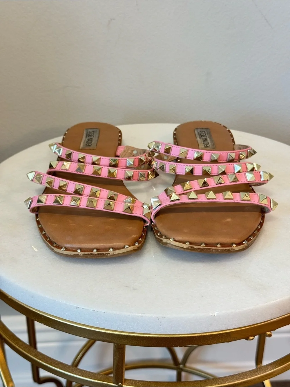 Steve Madden Pink Triple-Strap Studded Slide Sandals Sz 8